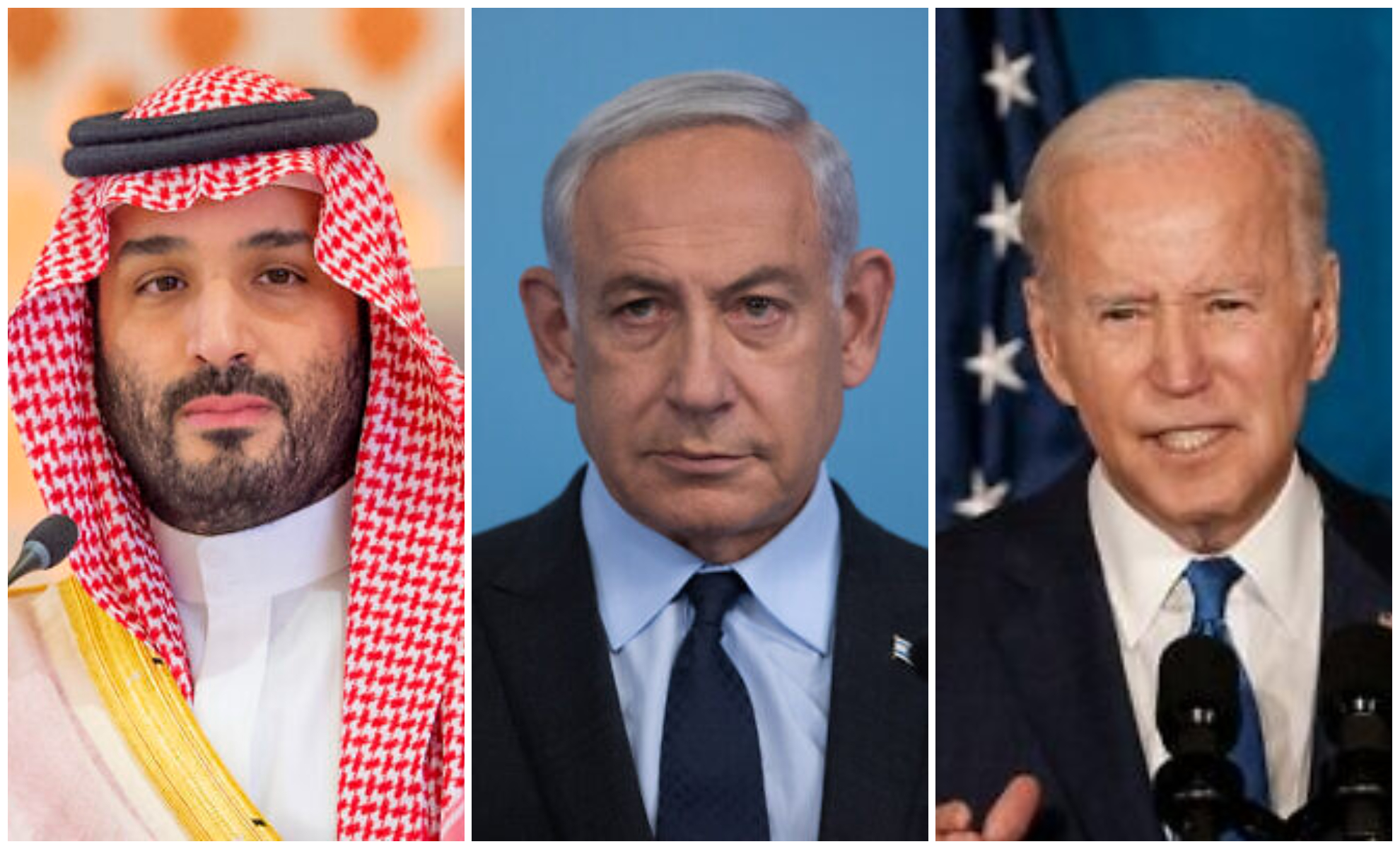 Saúdský korunní princ Mohammed bin Salman v Džiddě, Saúdská Arábie, 19. května 2023, premiér Benjamin Netanjahu v Jeruzalémě, Americký prezident Joe Biden 2. listopadu 2022 ve Washingtonu